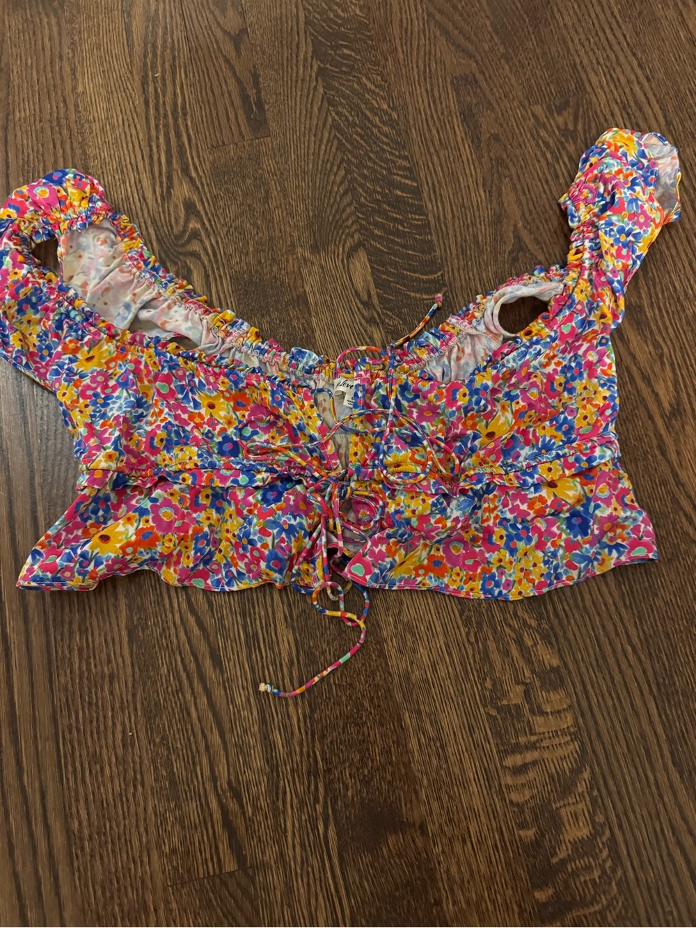 For Love & Lemons Pink Yellow Blue Floral Lace-Up Crop Top